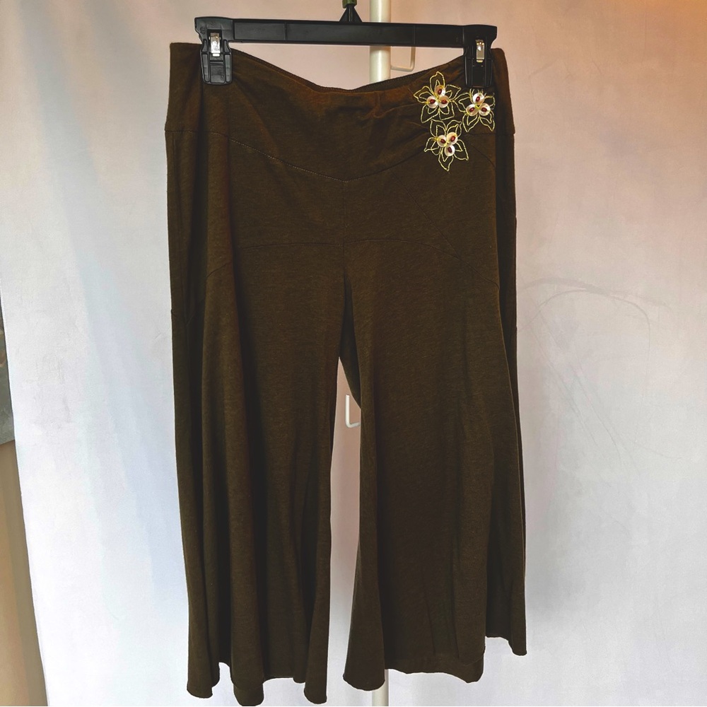 Vintage Free People Olive Knit Gaucho Pants with Floral Beaded Appliqué-Size S